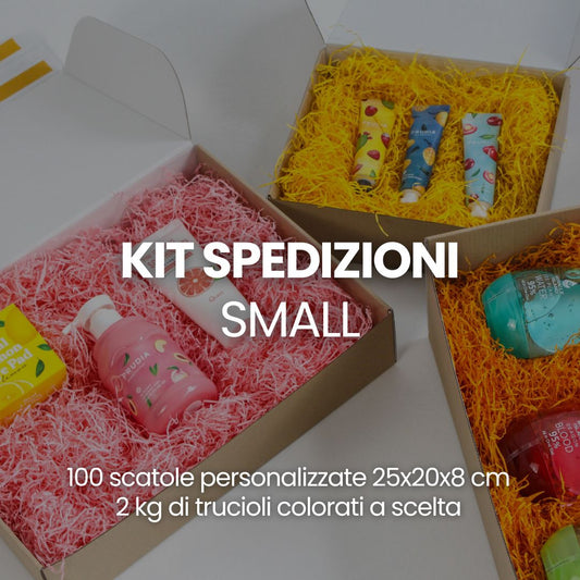 Kit Imballaggio Small - 100 Scatole Personalizzate 25x20x8 cm (Stampa 1 Colore) + Trucioli Colorati